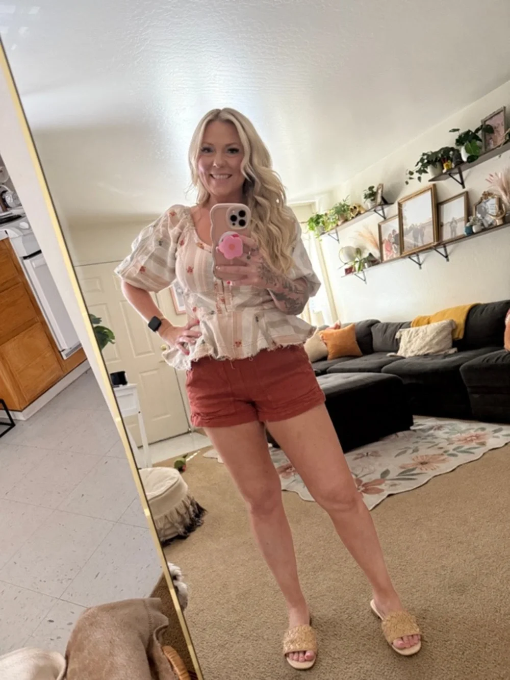 Peplum Puff-Sleeve Floral Stripe Top in Cream